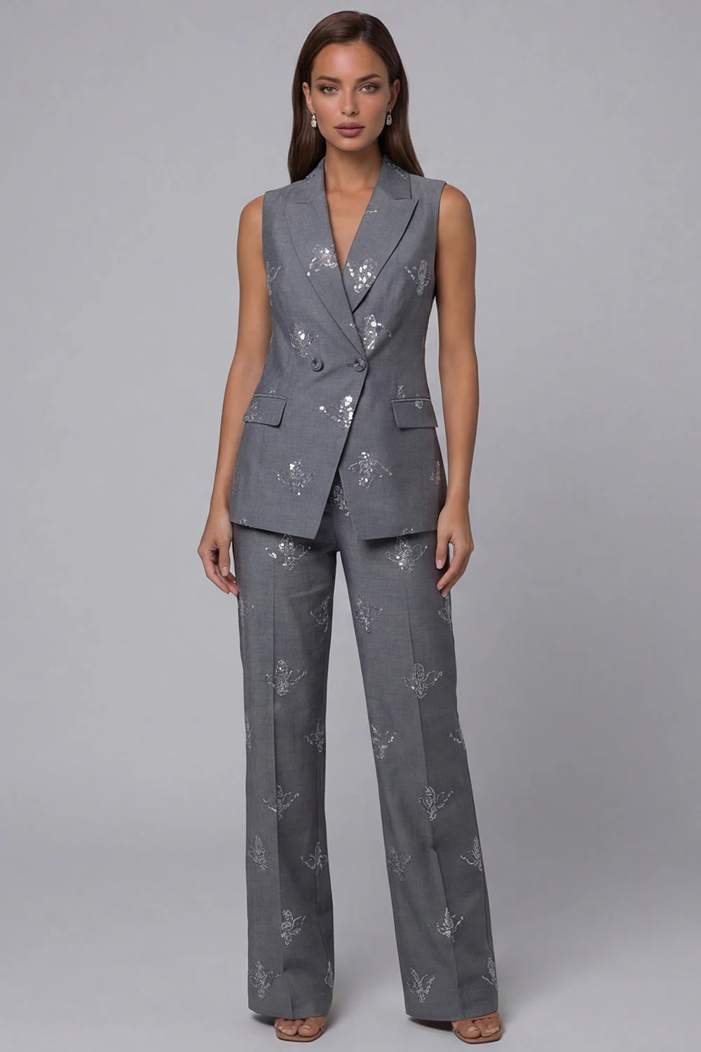 Dark Grey Double Breasted Peaked Lapel 2 Piece Work Suits with Sequins