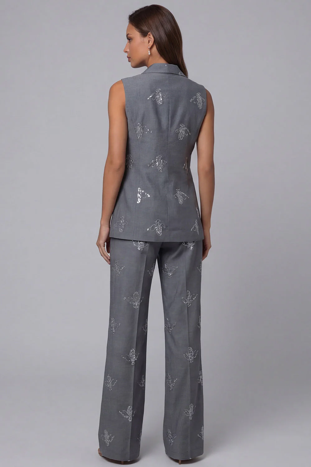 Dark Grey Double Breasted Peaked Lapel 2 Piece Work Suits with Sequins - Image 2
