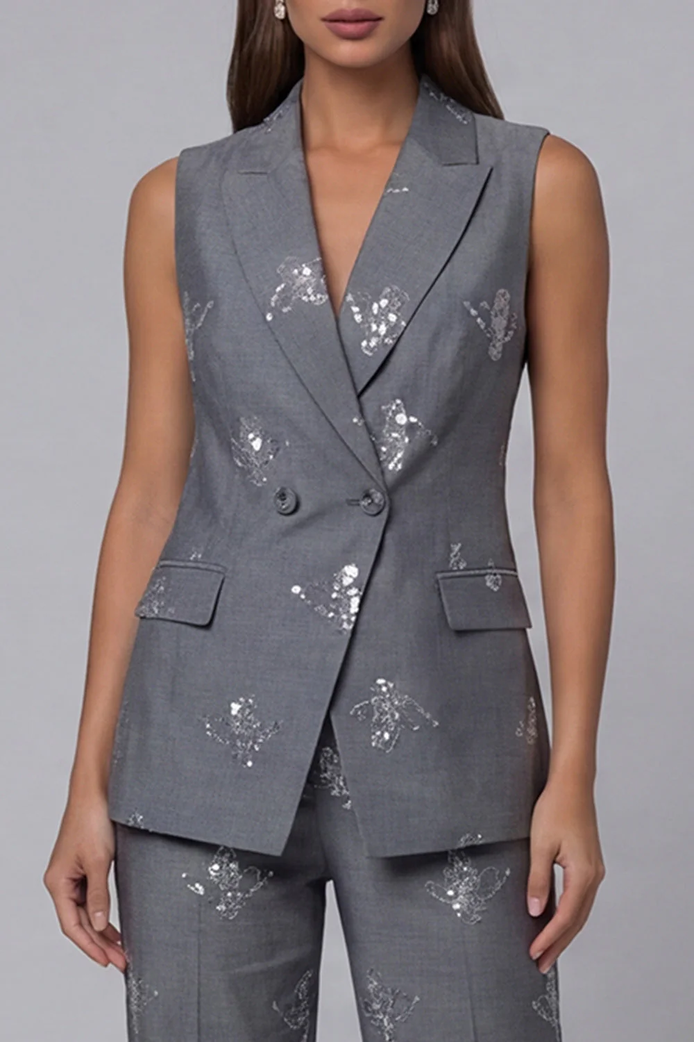 Dark Grey Double Breasted Peaked Lapel 2 Piece Work Suits with Sequins - Image 3