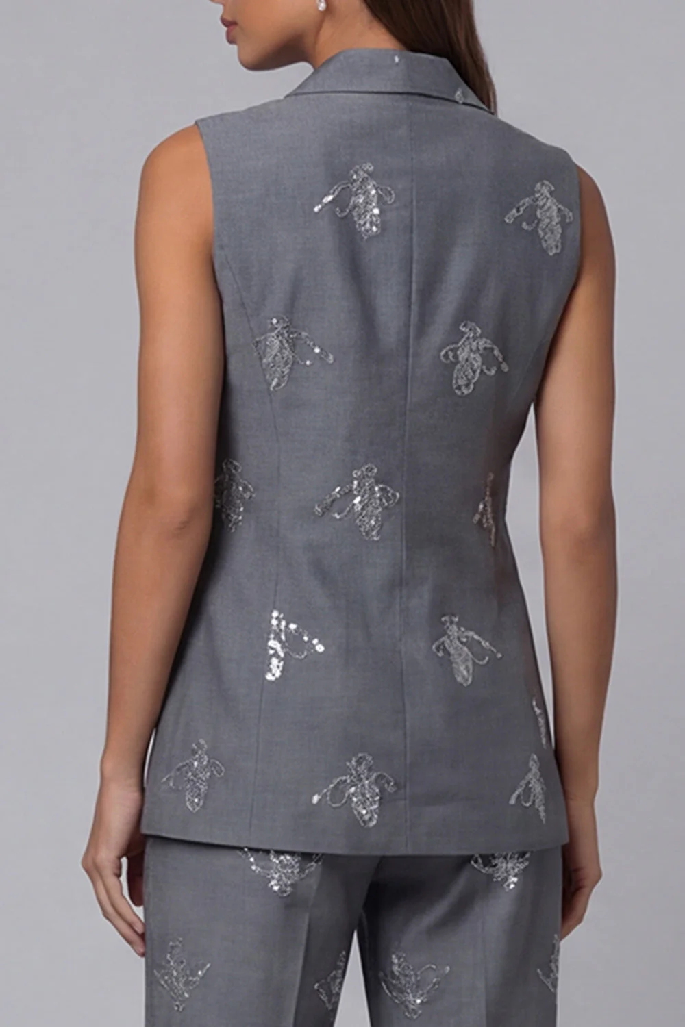 Dark Grey Double Breasted Peaked Lapel 2 Piece Work Suits with Sequins - Image 4