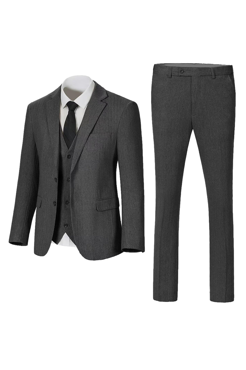 Dark Grey Notched Lapel Single Breasted 3 Piece Men's Suits