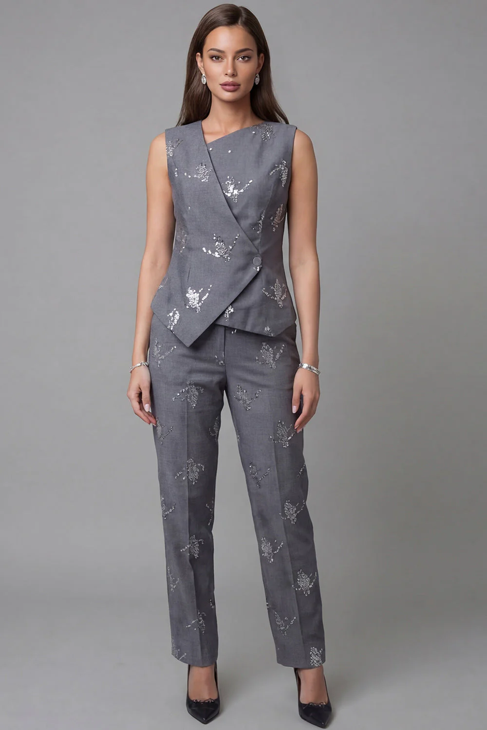 Dark Grey 2 Piece One Button Sequin Work Suits