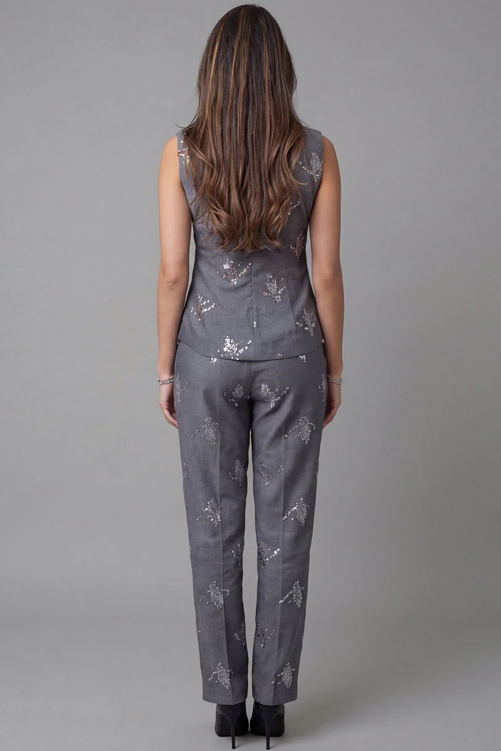 Dark Grey 2 Piece One Button Sequin Work Suits - Image 2