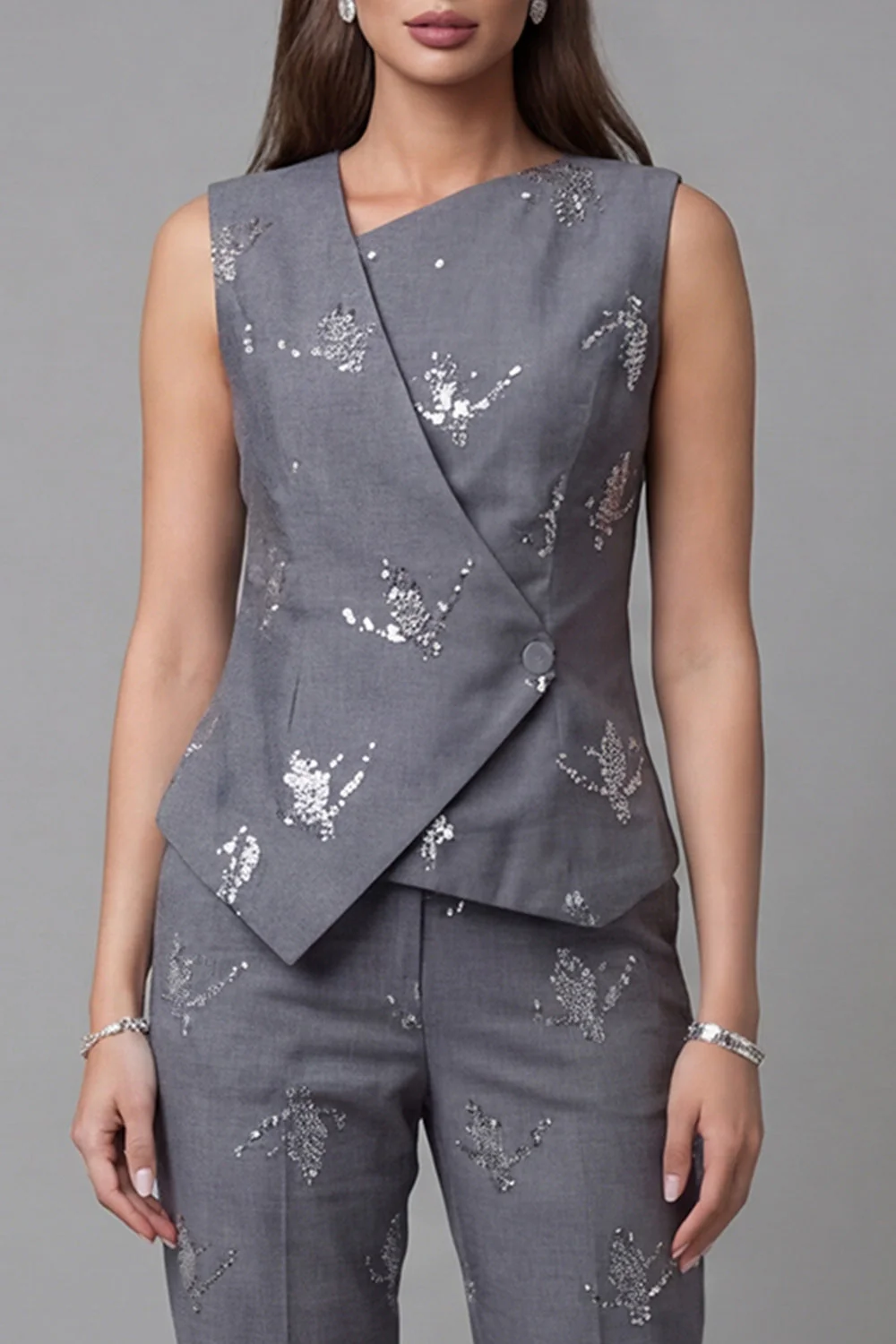 Dark Grey 2 Piece One Button Sequin Work Suits - Image 3