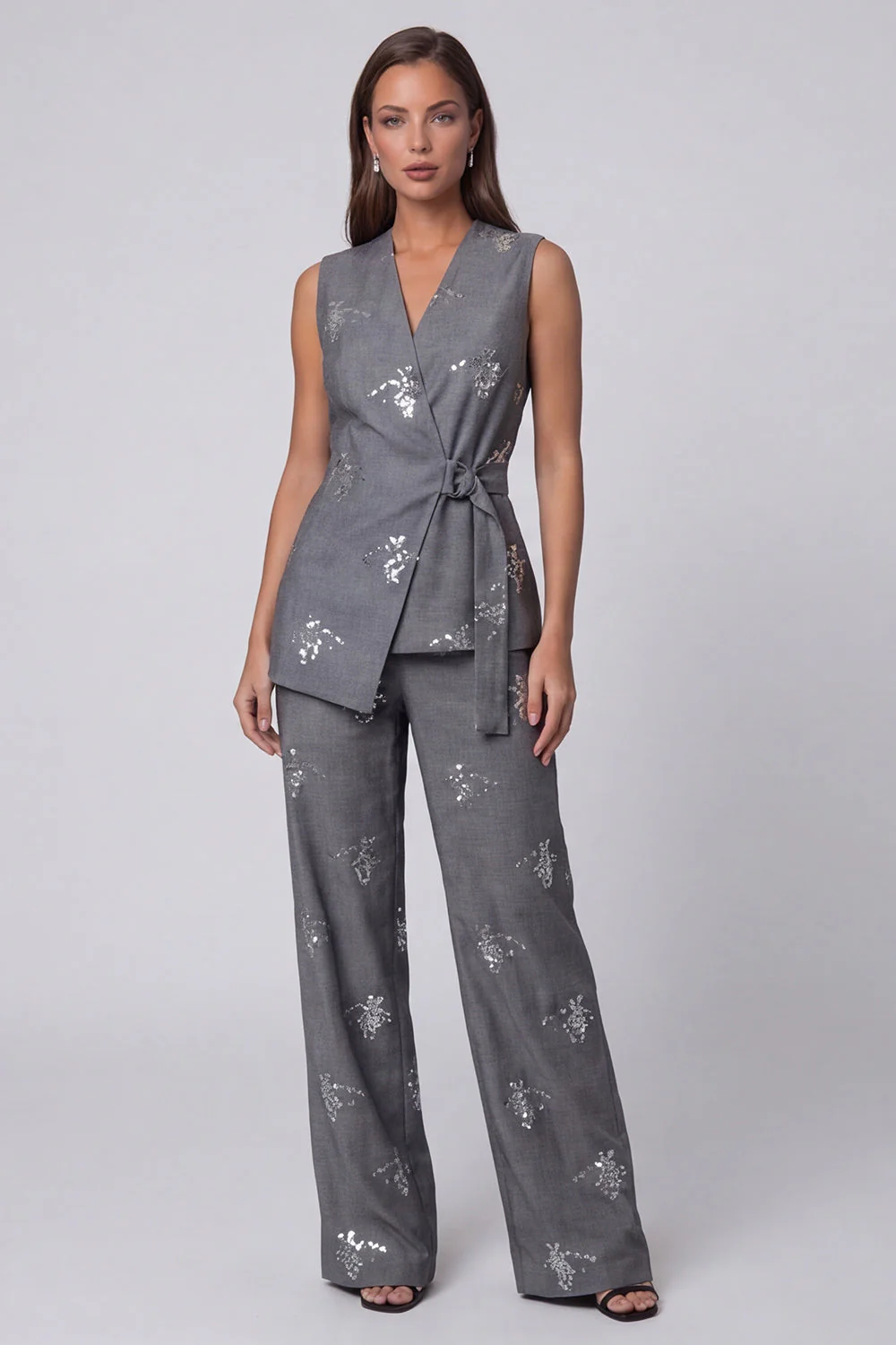 Dark Grey V-Neck Two-Piece Sequin Work Suits with Belt