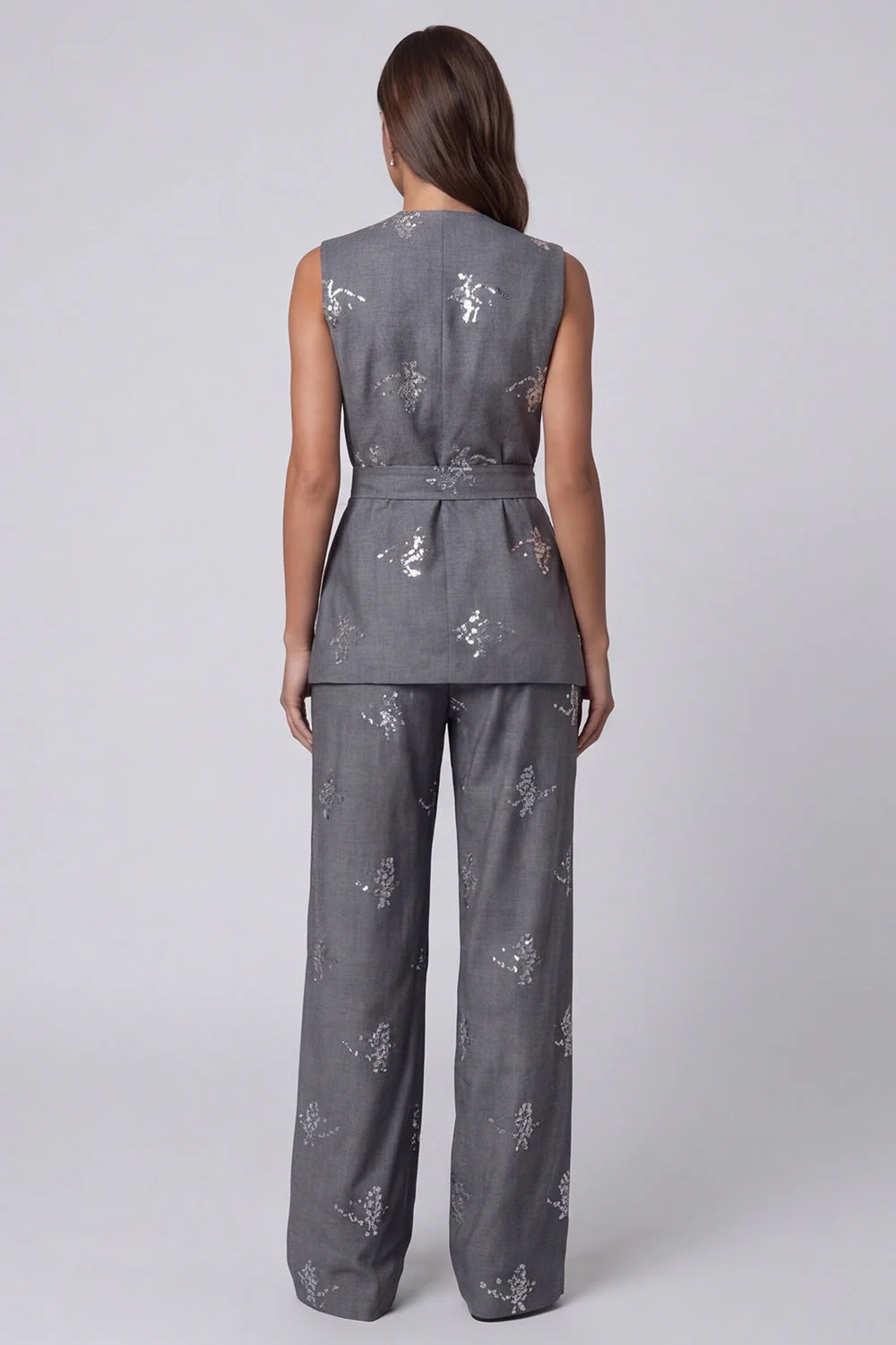 Dark Grey V-Neck Two-Piece Sequin Work Suits with Belt - Image 2