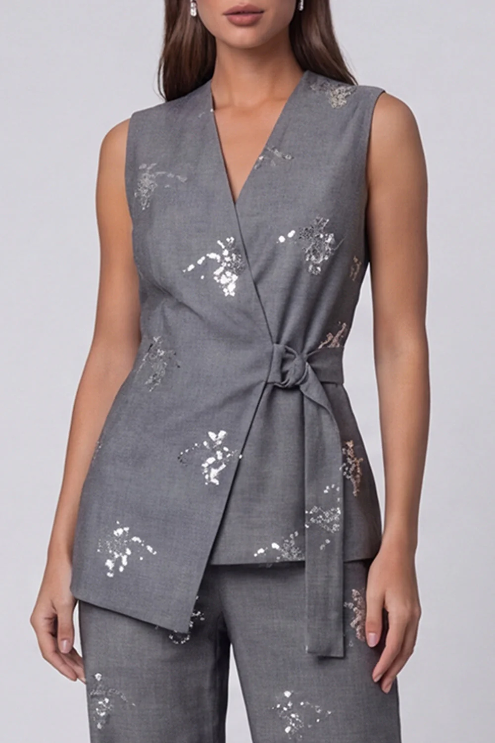 Dark Grey V-Neck Two-Piece Sequin Work Suits with Belt - Image 3