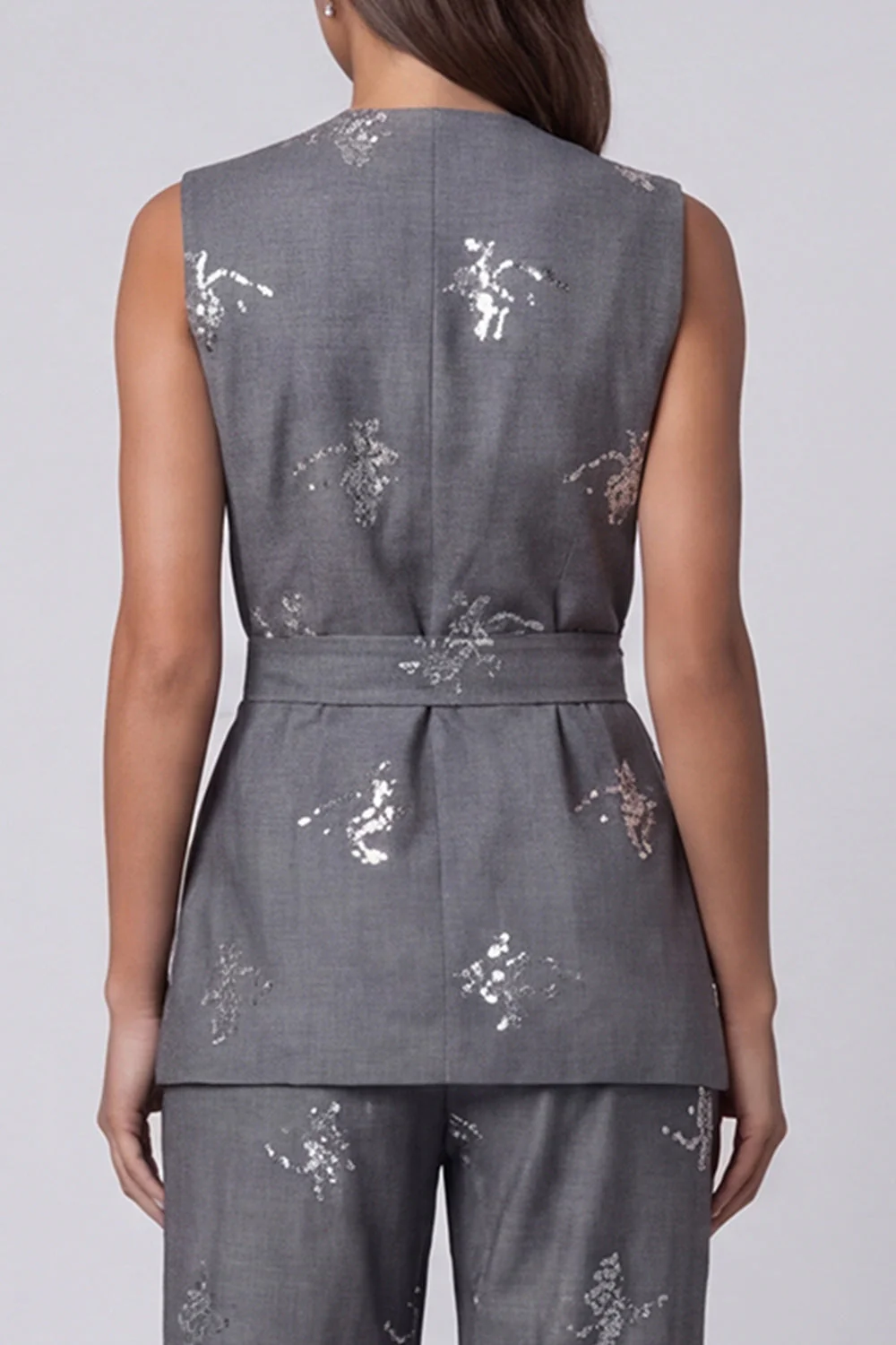 Dark Grey V-Neck Two-Piece Sequin Work Suits with Belt - Image 4