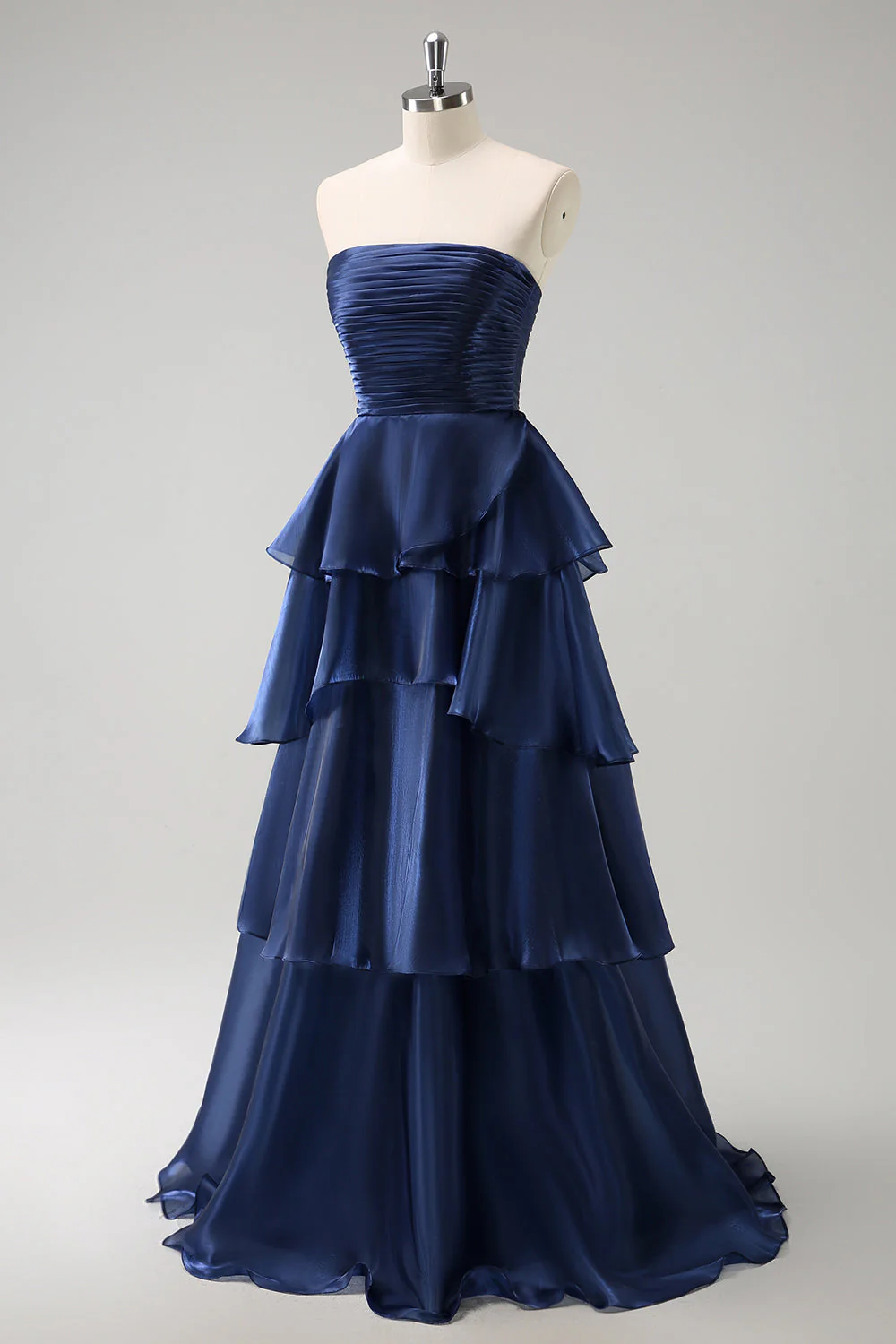 Dark Navy A Line Strapless Tiered Satin Long Bridesmaid Dress - Image 5