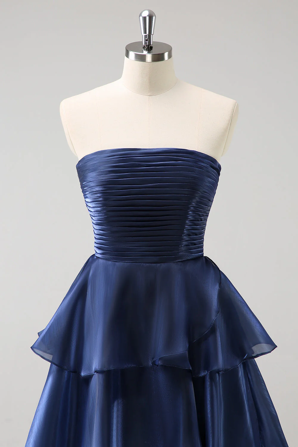 Dark Navy A Line Strapless Tiered Satin Long Bridesmaid Dress - Image 6