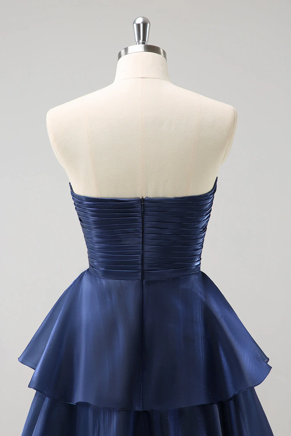 Dark Navy A Line Strapless Tiered Satin Long Bridesmaid Dress - Image 7