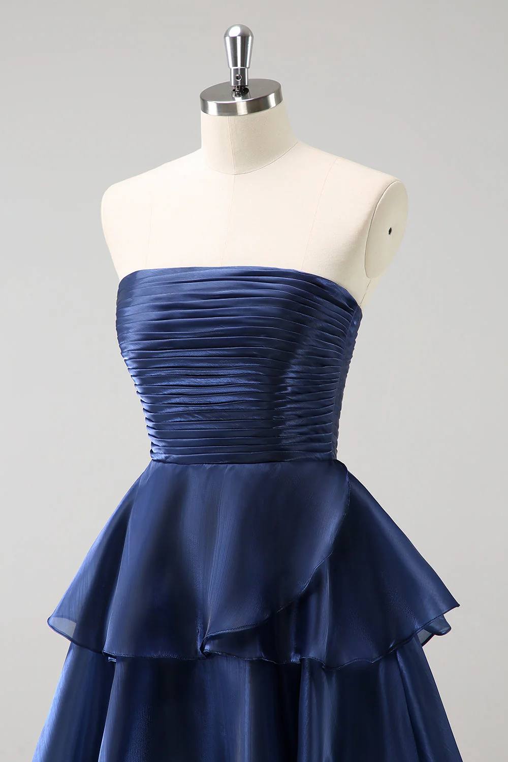 Dark Navy A Line Strapless Tiered Satin Long Bridesmaid Dress - Image 8