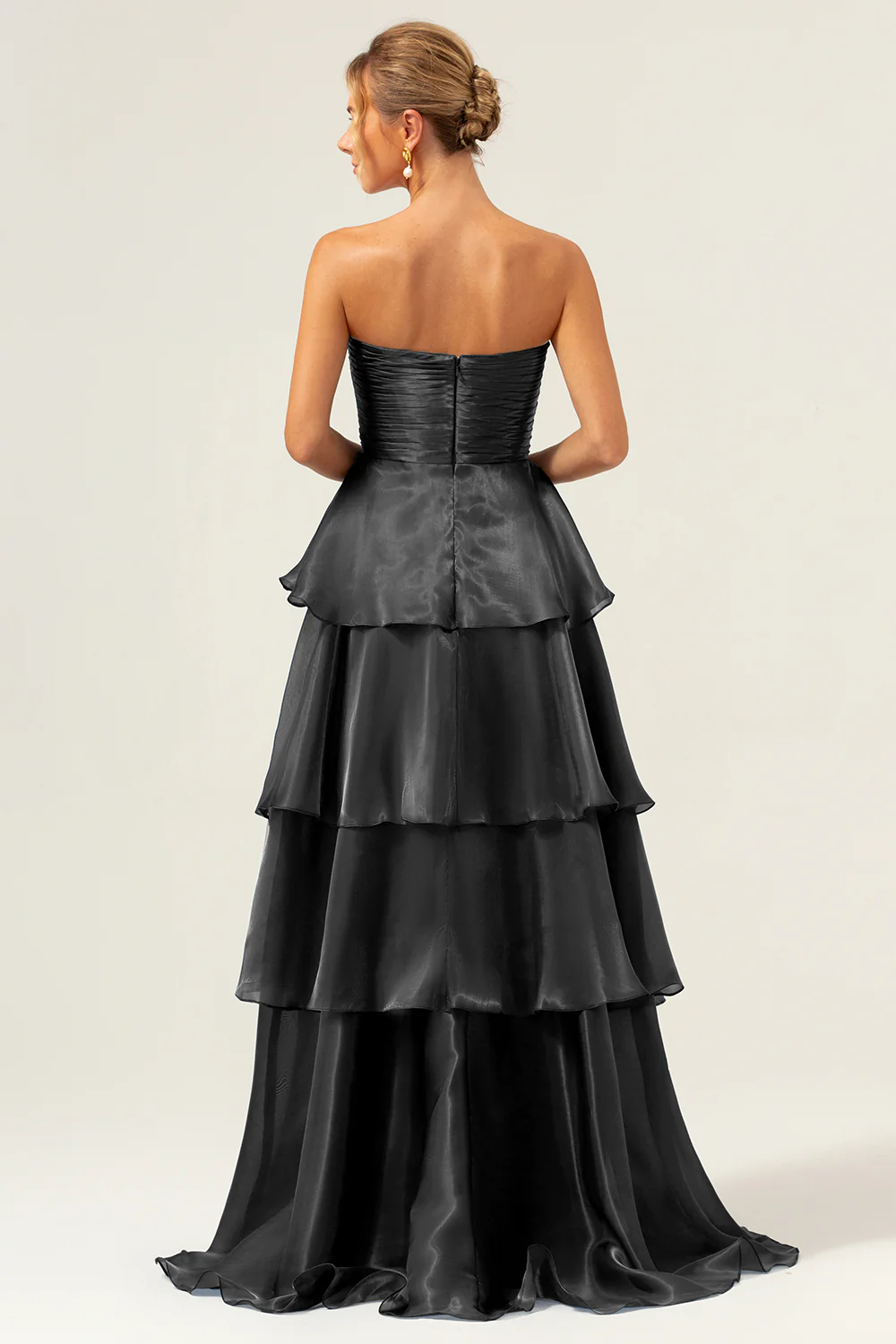 Dark Navy A Line Strapless Tiered Satin Long Prom Dress - Image 10