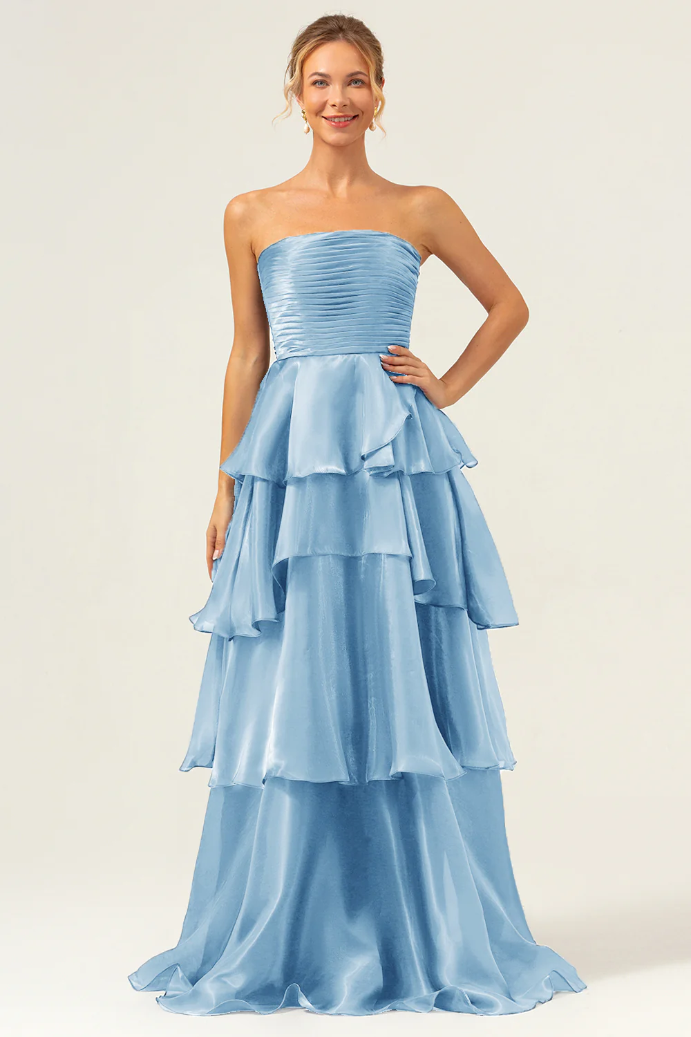 Dark Navy A Line Strapless Tiered Satin Long Prom Dress - Image 11