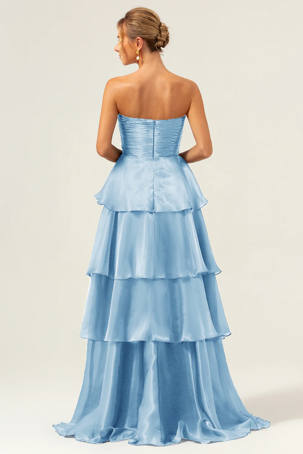 Dark Navy A Line Strapless Tiered Satin Long Prom Dress - Image 12
