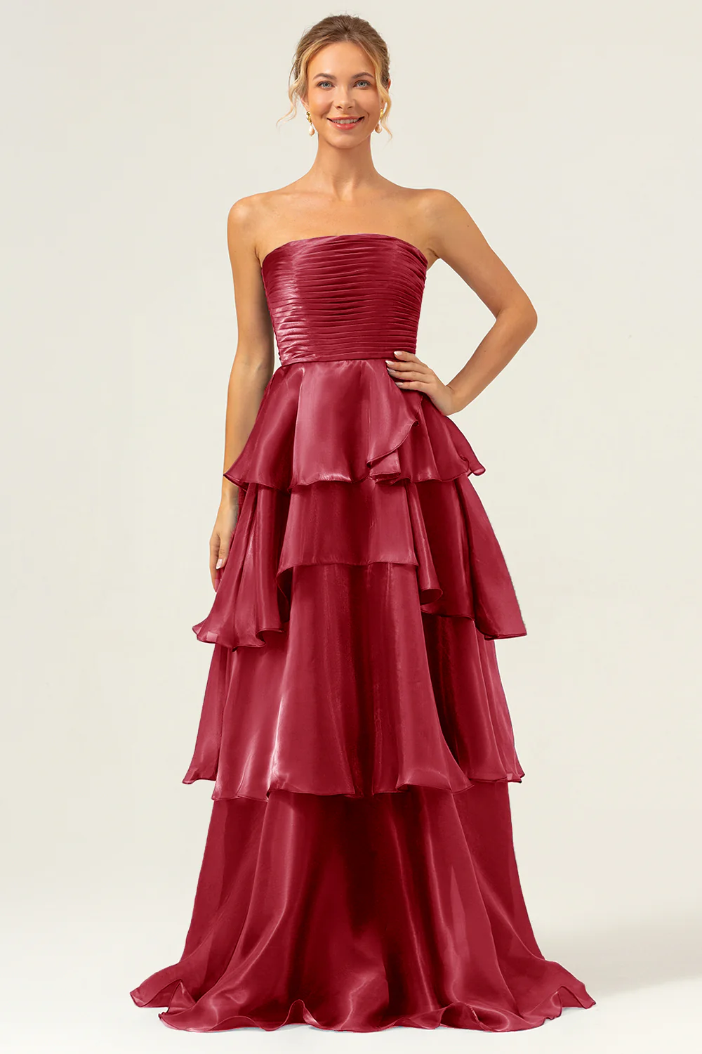 Dark Navy A Line Strapless Tiered Satin Long Prom Dress - Image 13