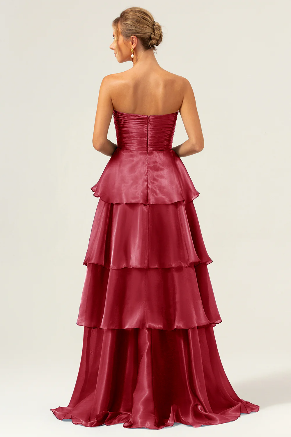 Dark Navy A Line Strapless Tiered Satin Long Prom Dress - Image 14