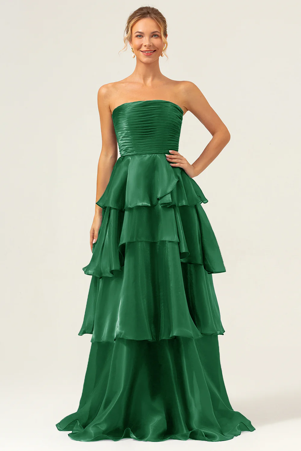 Dark Navy A Line Strapless Tiered Satin Long Prom Dress - Image 15