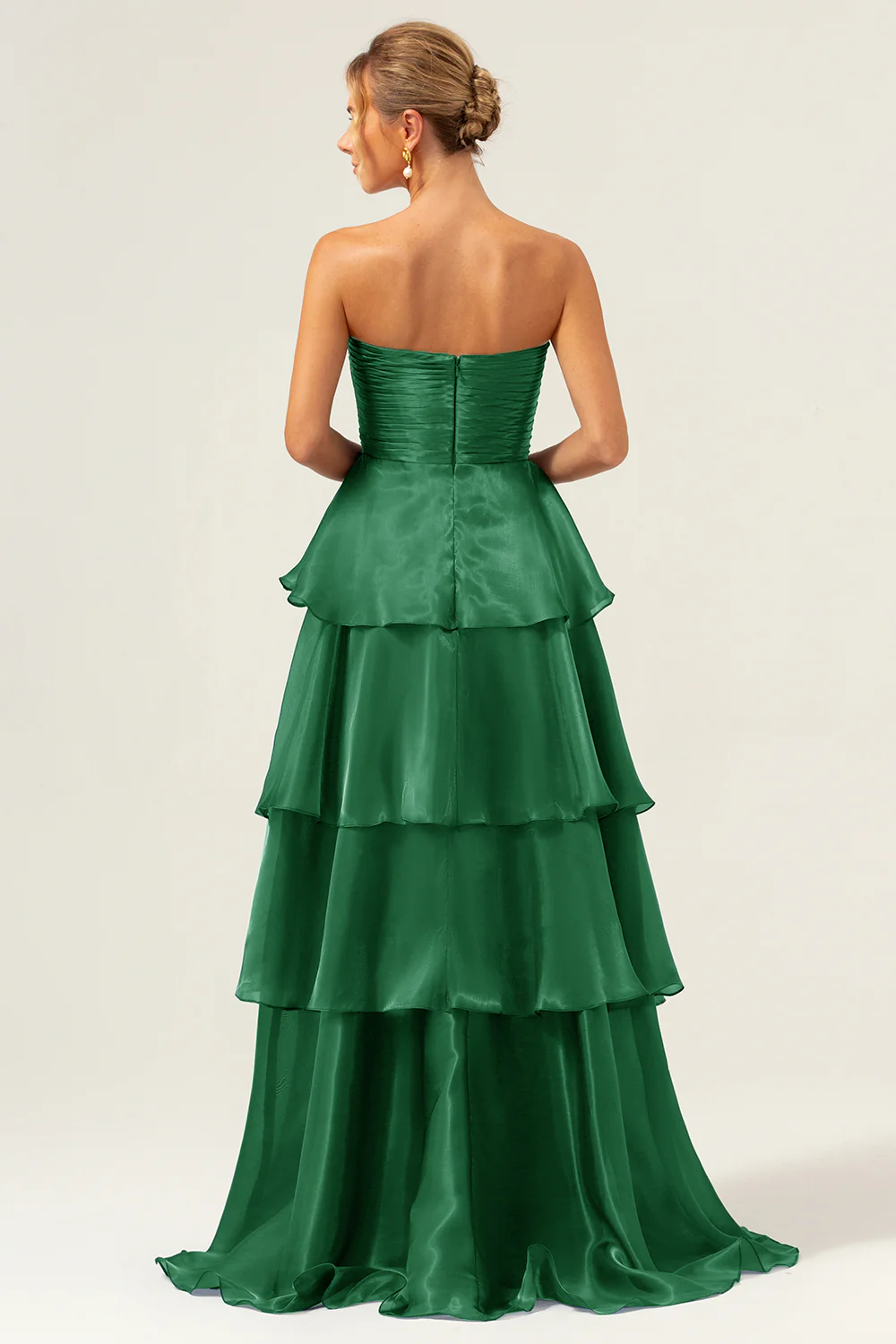 Dark Navy A Line Strapless Tiered Satin Long Prom Dress - Image 16