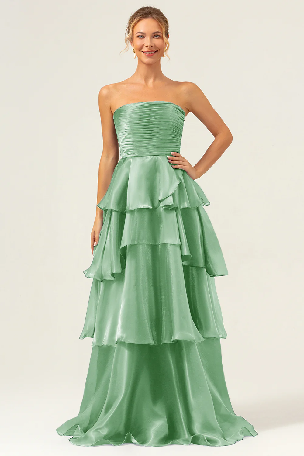 Dark Navy A Line Strapless Tiered Satin Long Prom Dress - Image 17