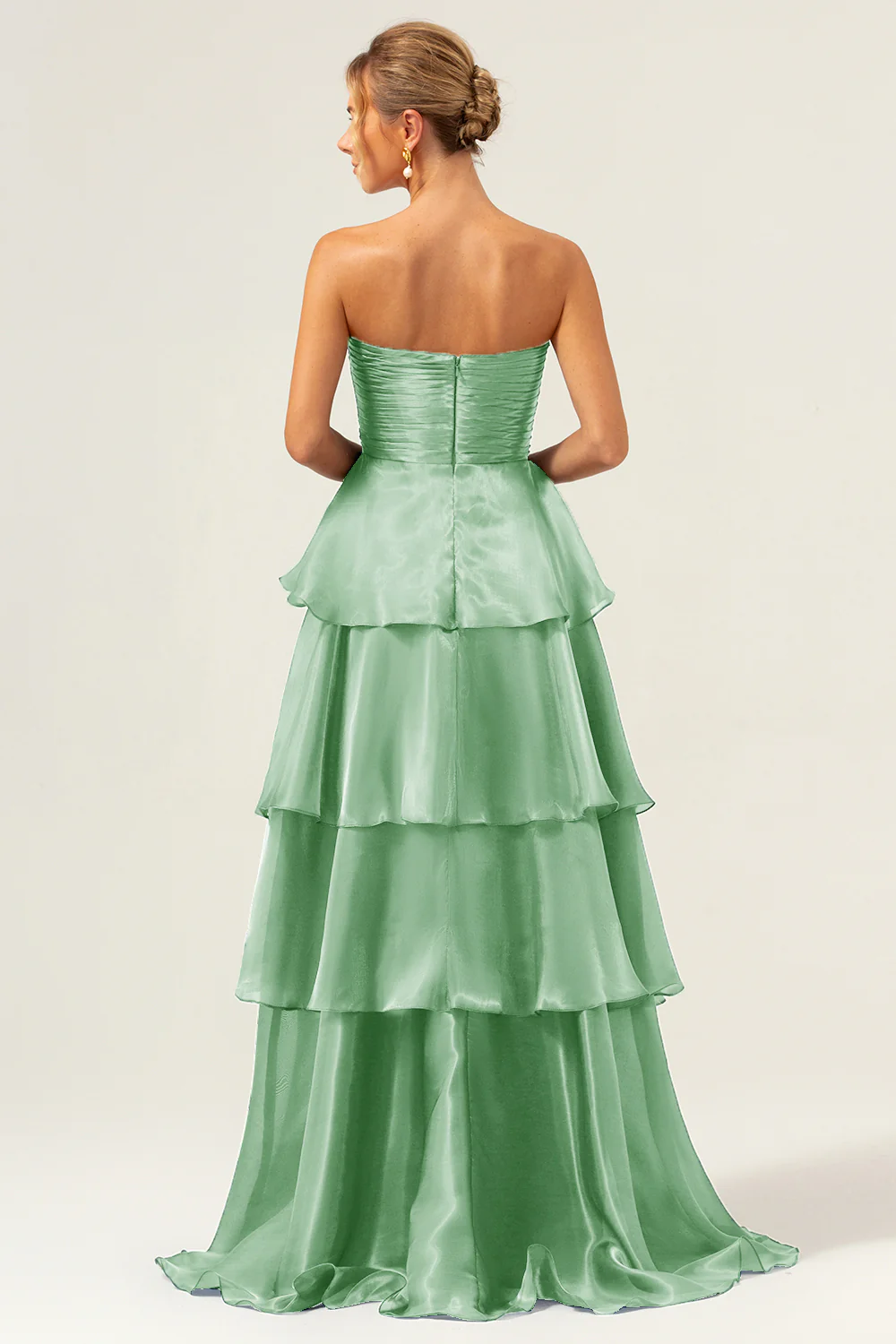 Dark Navy A Line Strapless Tiered Satin Long Prom Dress - Image 18