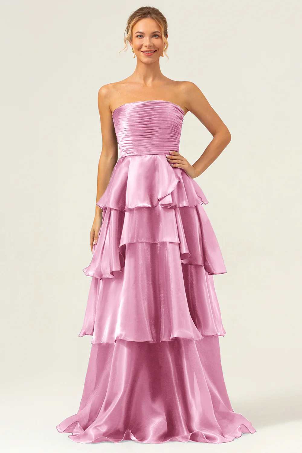 Dark Navy A Line Strapless Tiered Satin Long Prom Dress - Image 19