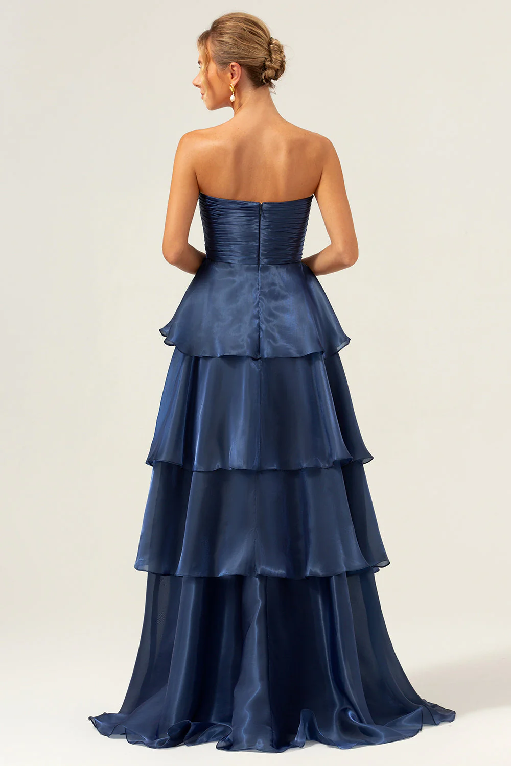 Dark Navy A Line Strapless Tiered Satin Long Prom Dress - Image 2