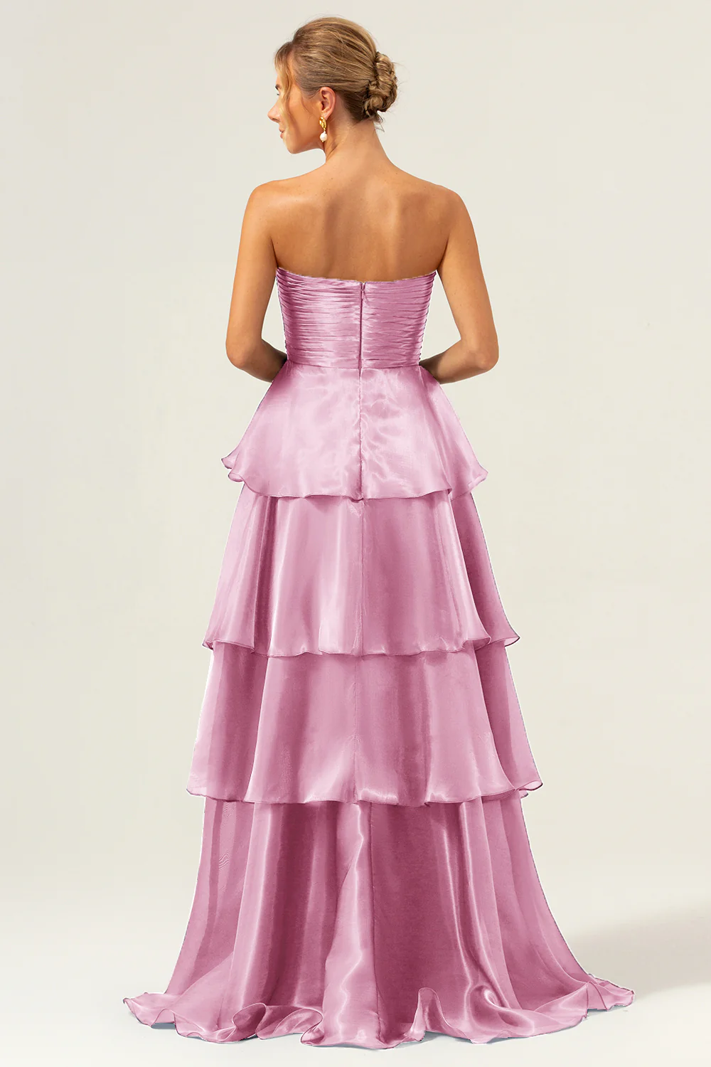 Dark Navy A Line Strapless Tiered Satin Long Prom Dress - Image 20
