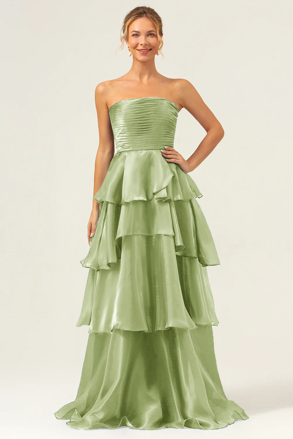 Dark Navy A Line Strapless Tiered Satin Long Prom Dress - Image 21