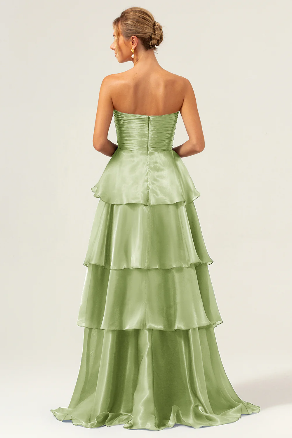 Dark Navy A Line Strapless Tiered Satin Long Prom Dress - Image 22