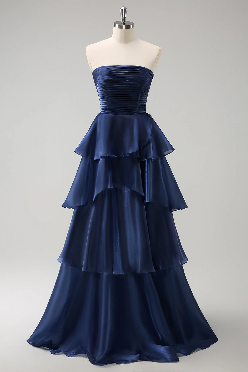 Dark Navy A Line Strapless Tiered Satin Long Prom Dress - Image 3