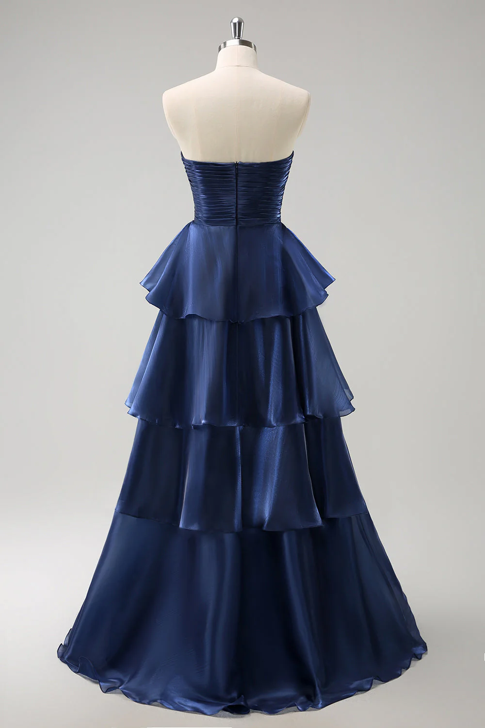 Dark Navy A Line Strapless Tiered Satin Long Prom Dress - Image 4