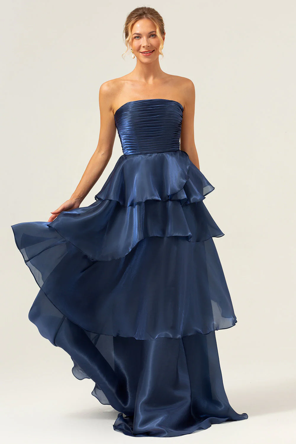 Dark Navy A Line Strapless Tiered Satin Long Prom Dress - Image 5