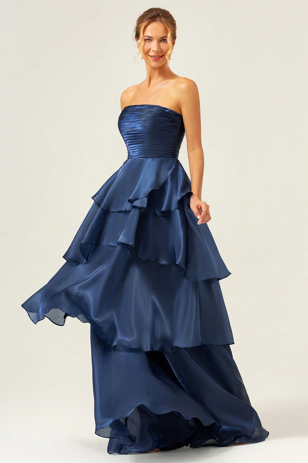 Dark Navy A Line Strapless Tiered Satin Long Prom Dress - Image 6