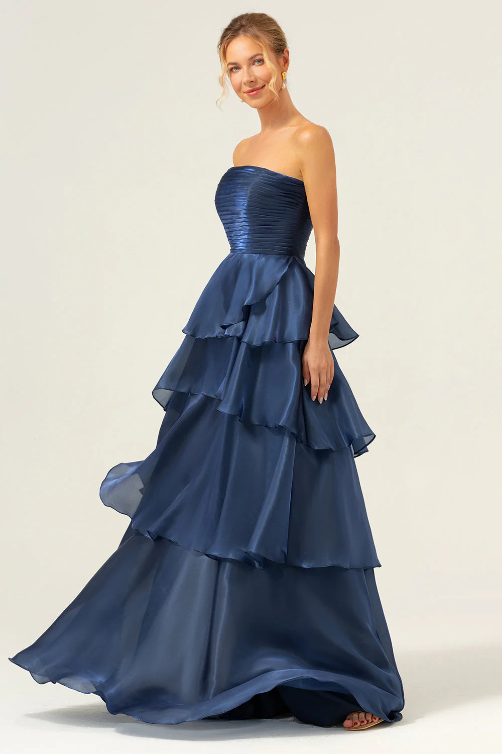 Dark Navy A Line Strapless Tiered Satin Long Prom Dress - Image 7