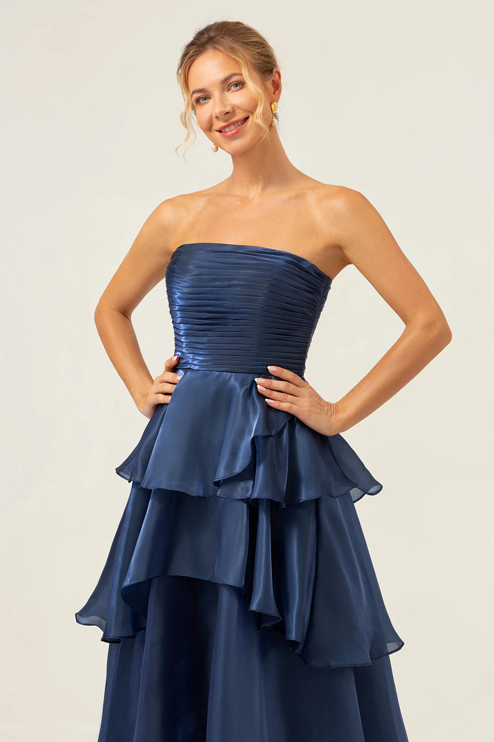 Dark Navy A Line Strapless Tiered Satin Long Prom Dress - Image 8
