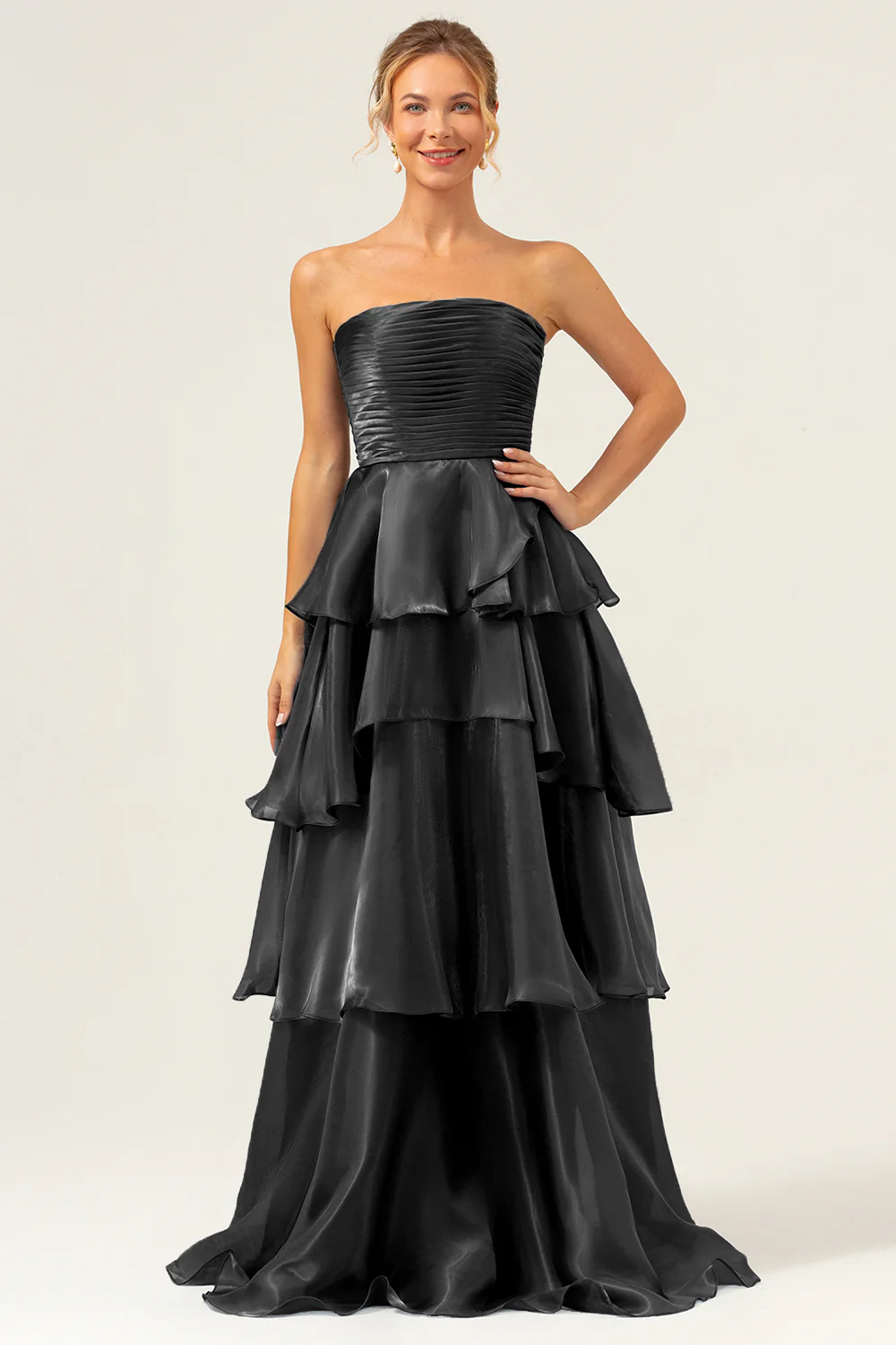 Dark Navy A Line Strapless Tiered Satin Long Prom Dress - Image 9