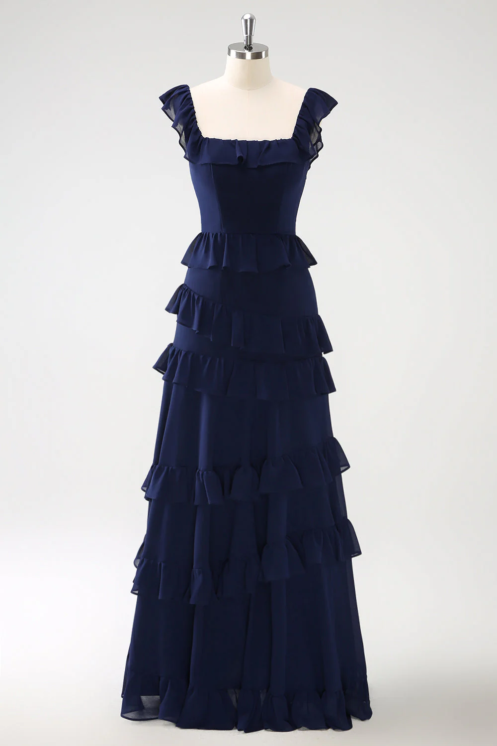 Dark Navy A-Line Tiered Chiffon Long Bridesmaid Dress