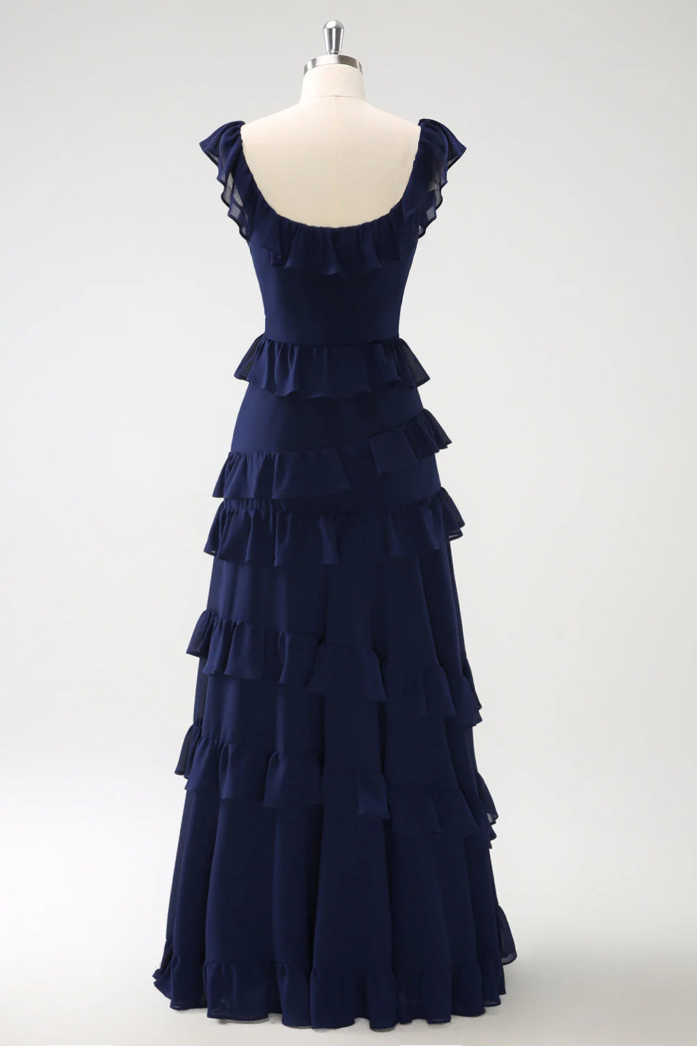 Dark Navy A-Line Tiered Chiffon Long Bridesmaid Dress - Image 2