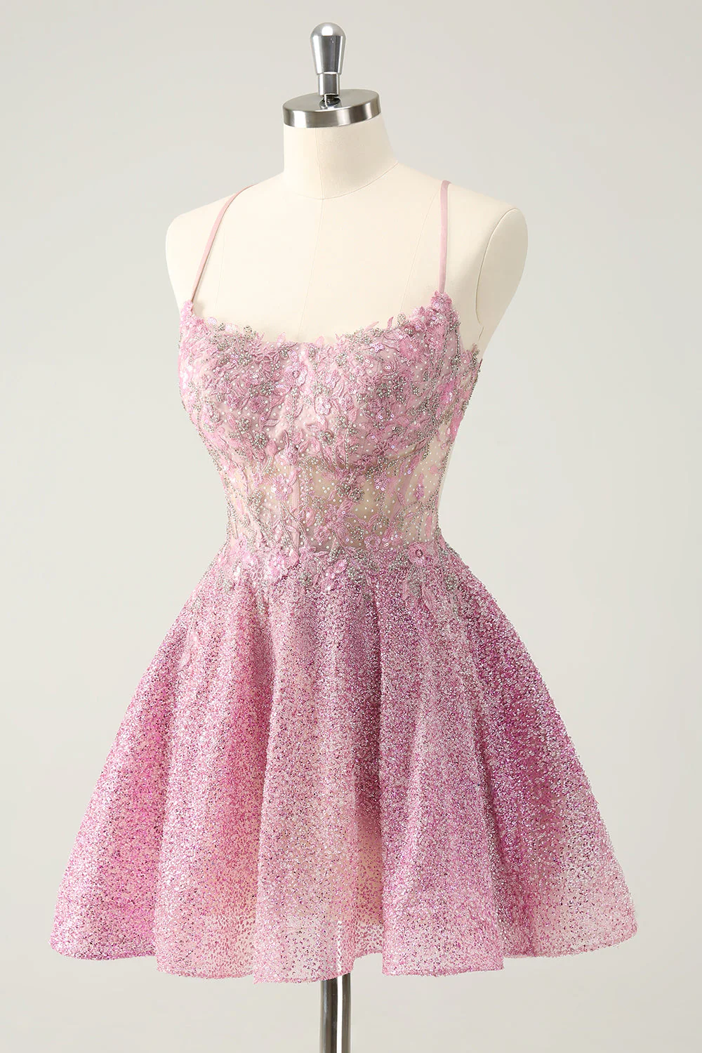 Dark Pink A Line Sparkly Beading Appliques Corset Short Graduation Dress - Image 3
