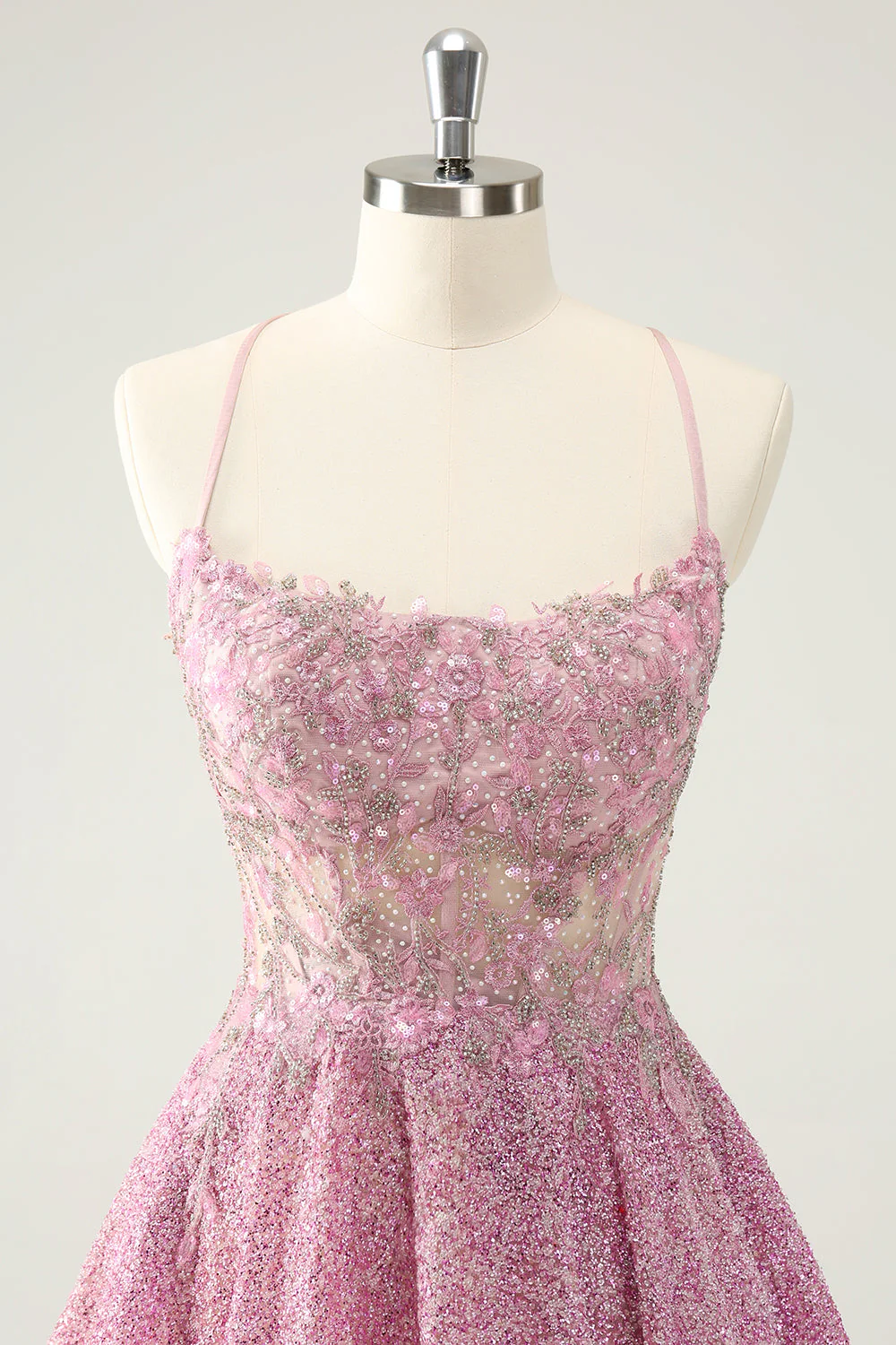 Dark Pink A Line Sparkly Beading Appliques Corset Short Graduation Dress - Image 6
