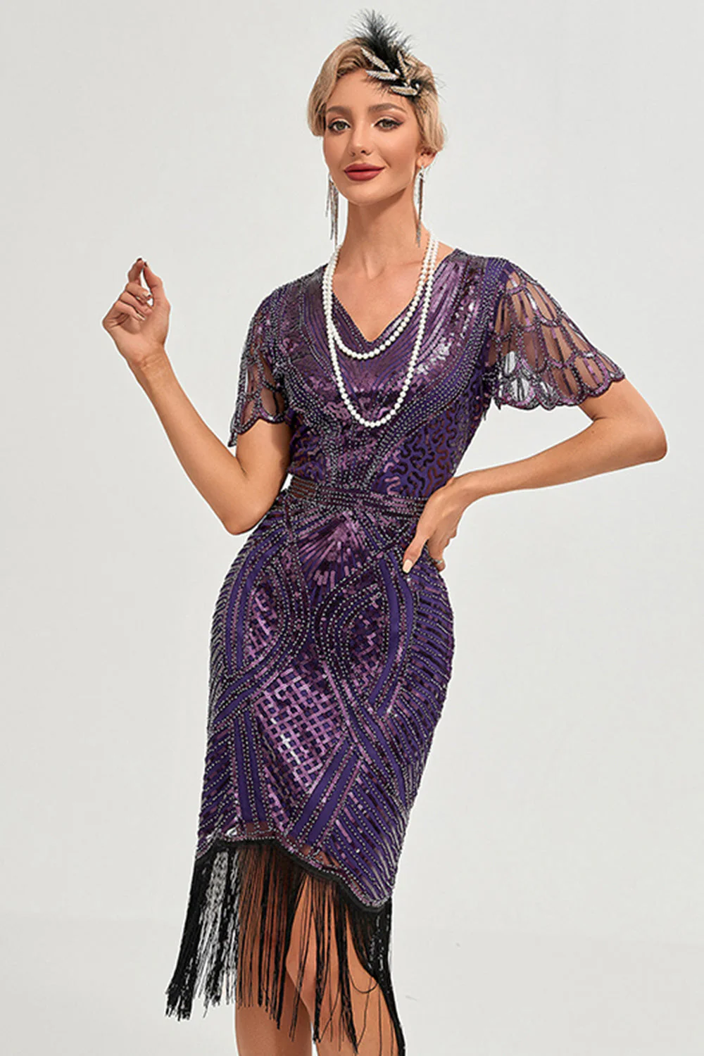 Dark Purple Beading Fringes 1920s Dress with Accessories Set - Image 4
