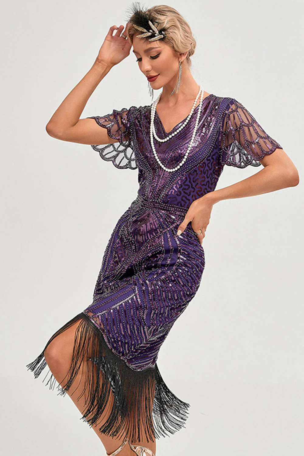 Dark Purple Beading Fringes 1920s Dress with Accessories Set - Image 5