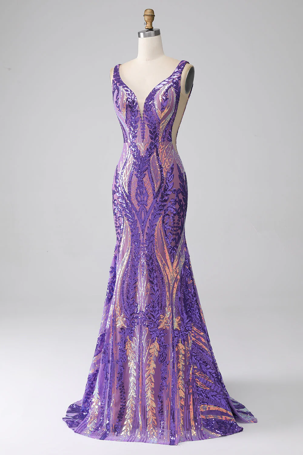 Dark Purple Mermaid V Neck Sequins Long Prom Dress - Image 5