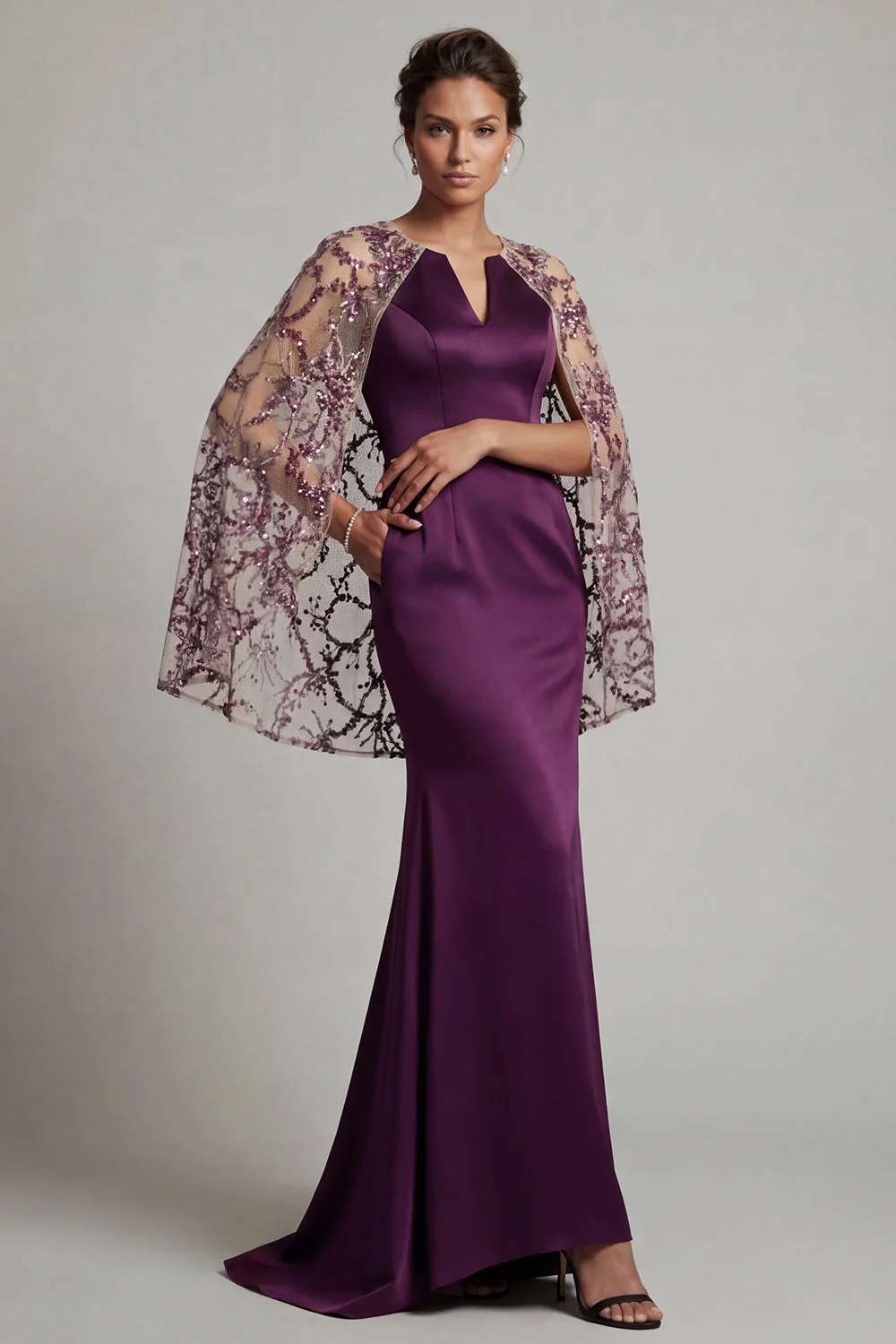Dark Purple Mermaid Round Neck Mother Of the Bride Dress with Sheer Cape