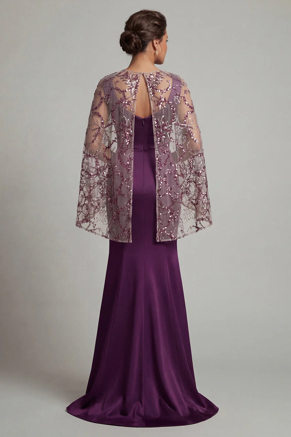 Dark Purple Mermaid Round Neck Mother Of the Bride Dress with Sheer Cape - Image 2
