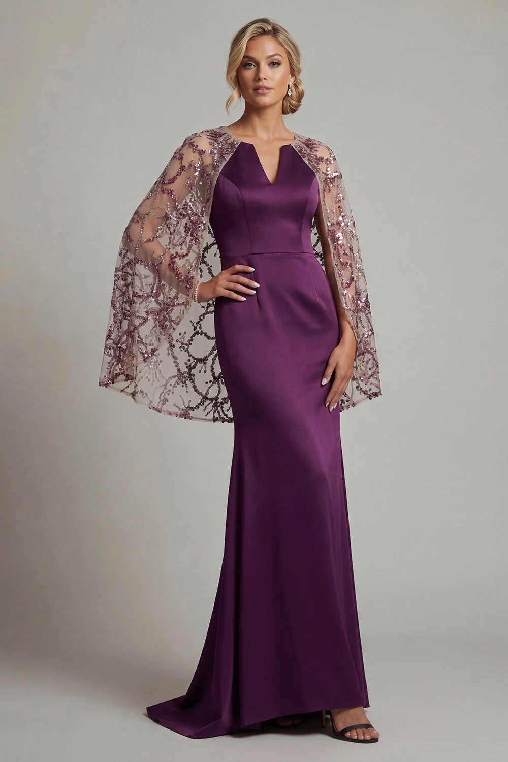 Dark Purple Mermaid Round Neck Mother Of the Bride Dress with Sheer Cape - Image 3