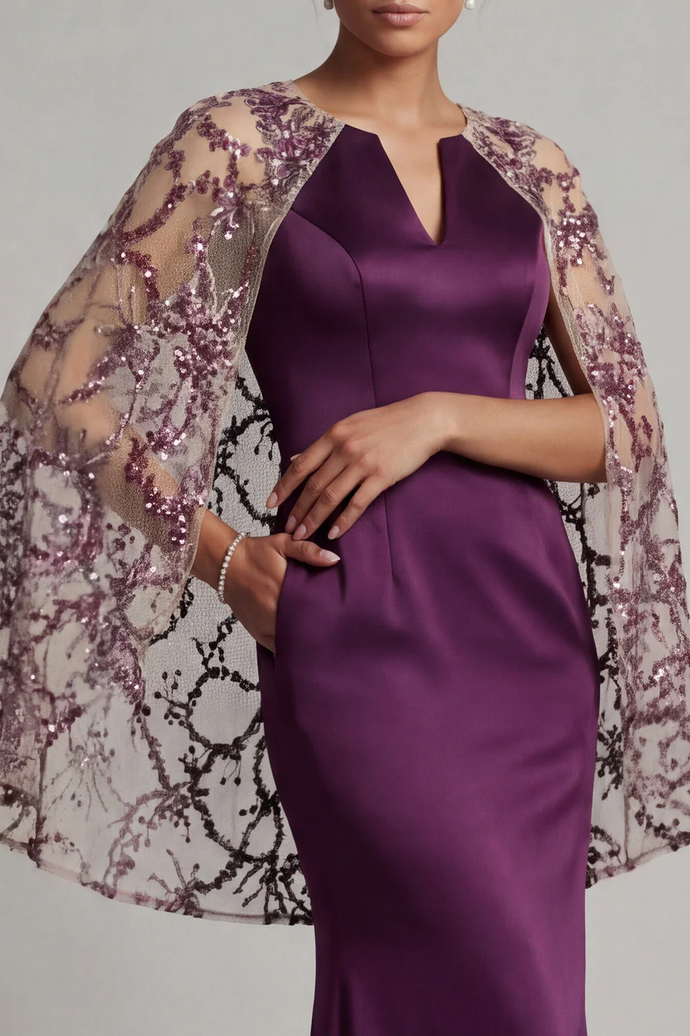Dark Purple Mermaid Round Neck Mother Of the Bride Dress with Sheer Cape - Image 4
