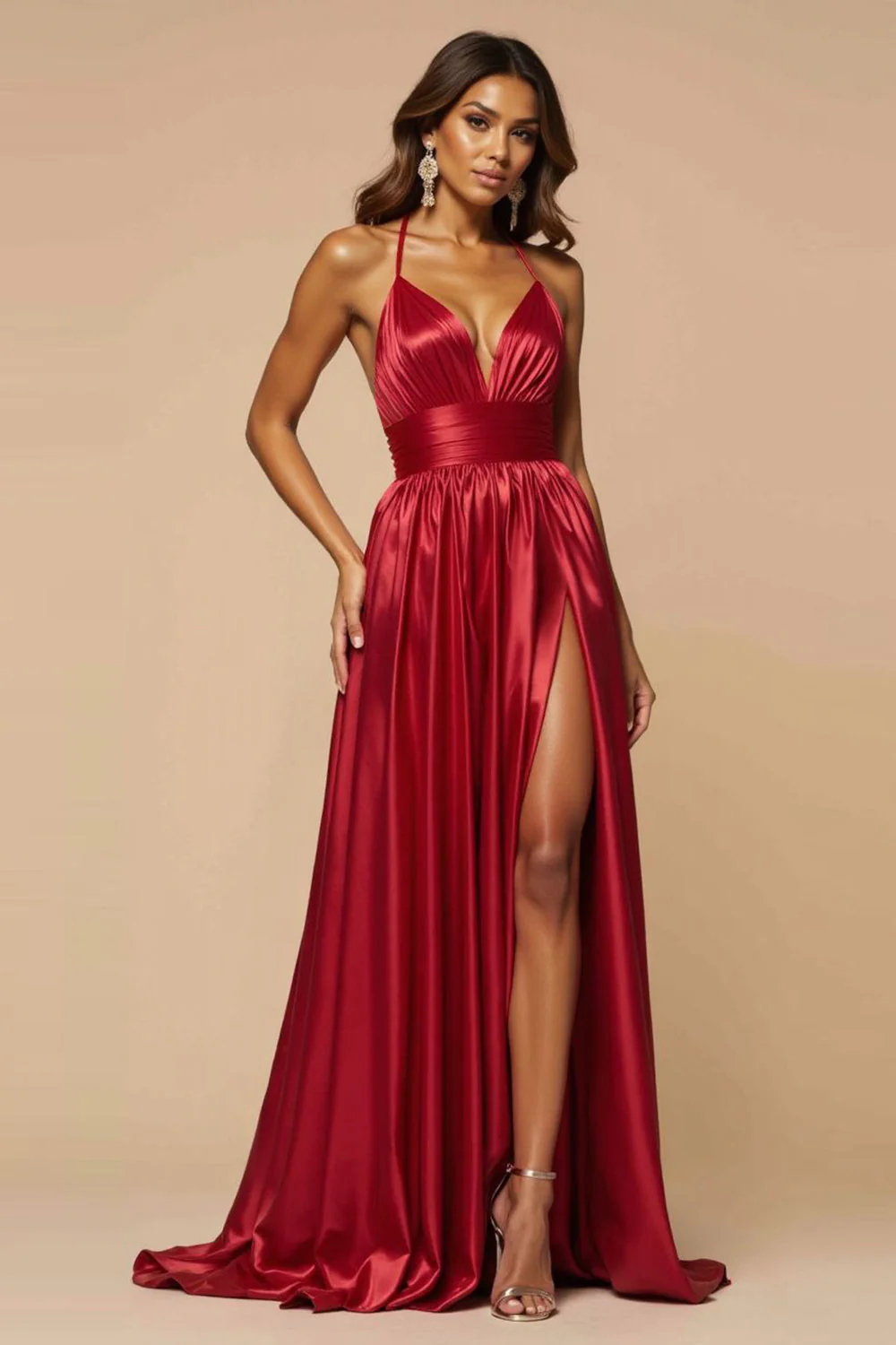 Dark Red A-Line Spaghetti Straps Pleated Satin Long Prom Dress with Slit - Image 3