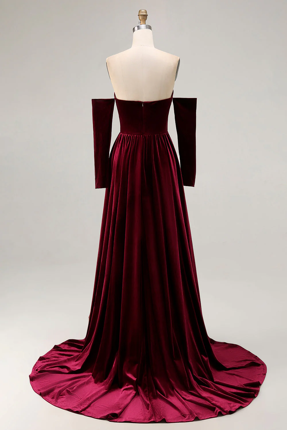 Dark Red Sweetheart A Line Long Velvet Dress with Long Sleeves - Image 2